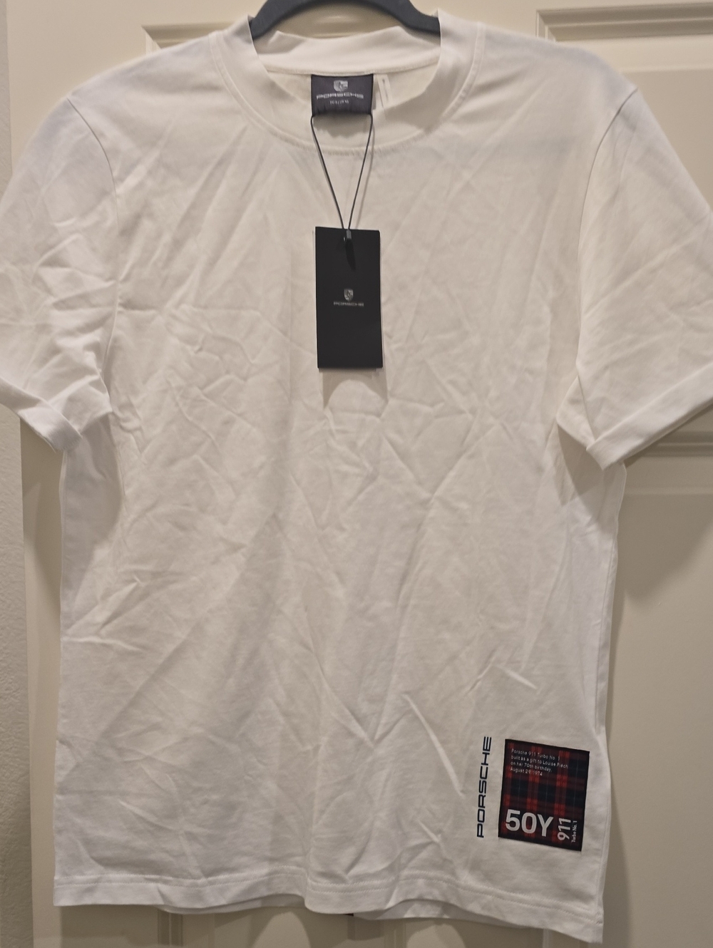 Porsche Design Mens White Crewneck T-Shirt with Red/Navy Plaid Design